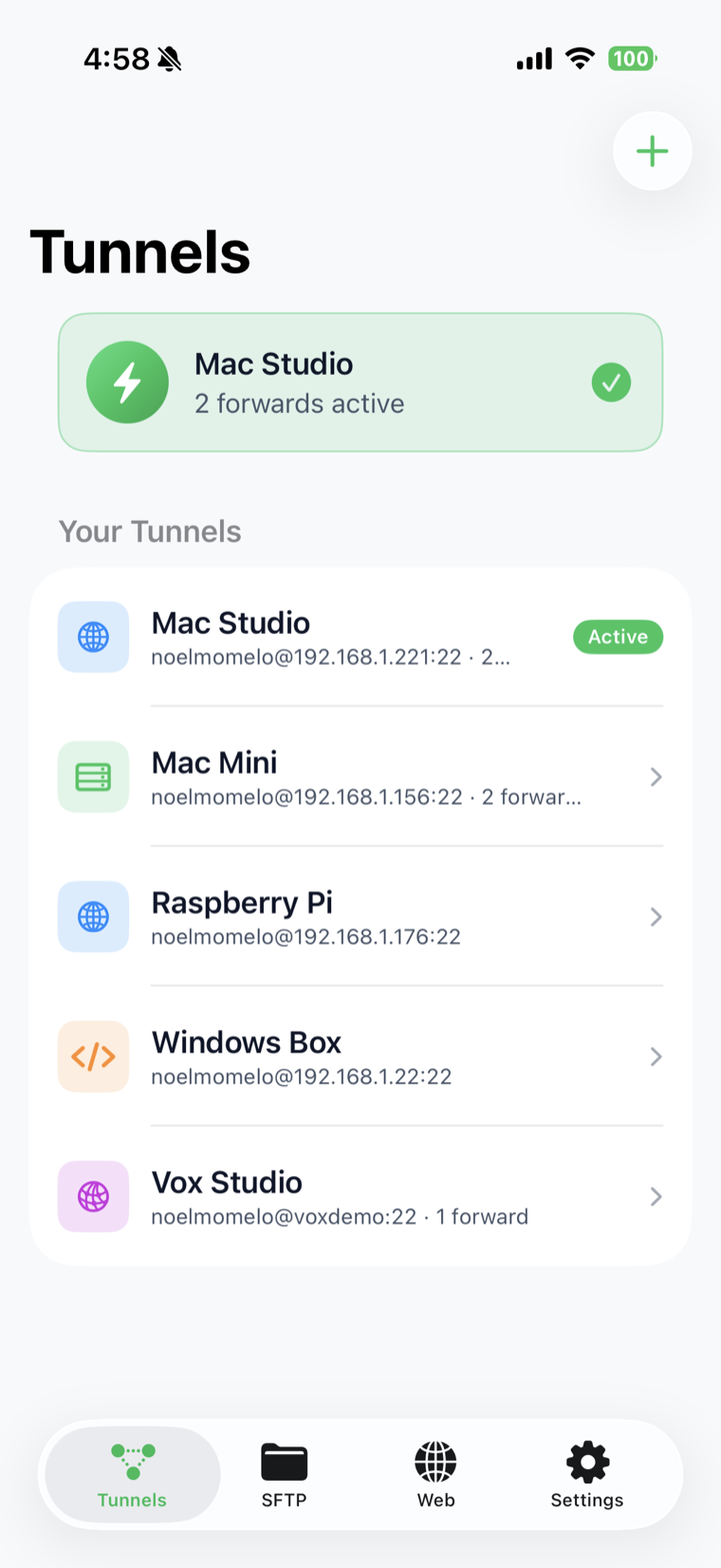 EasyTunnel Tunnels dashboard on iPhone