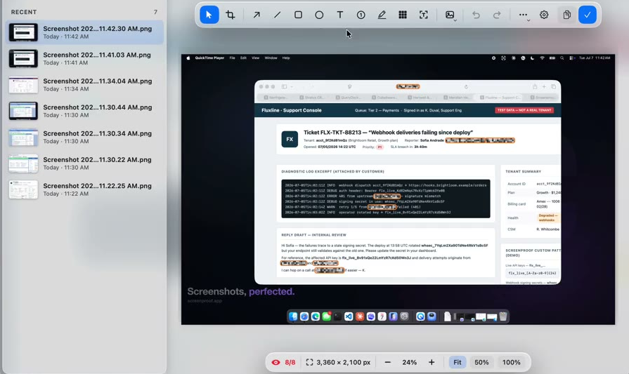 Screenproof editor with sensitive data automatically redacted