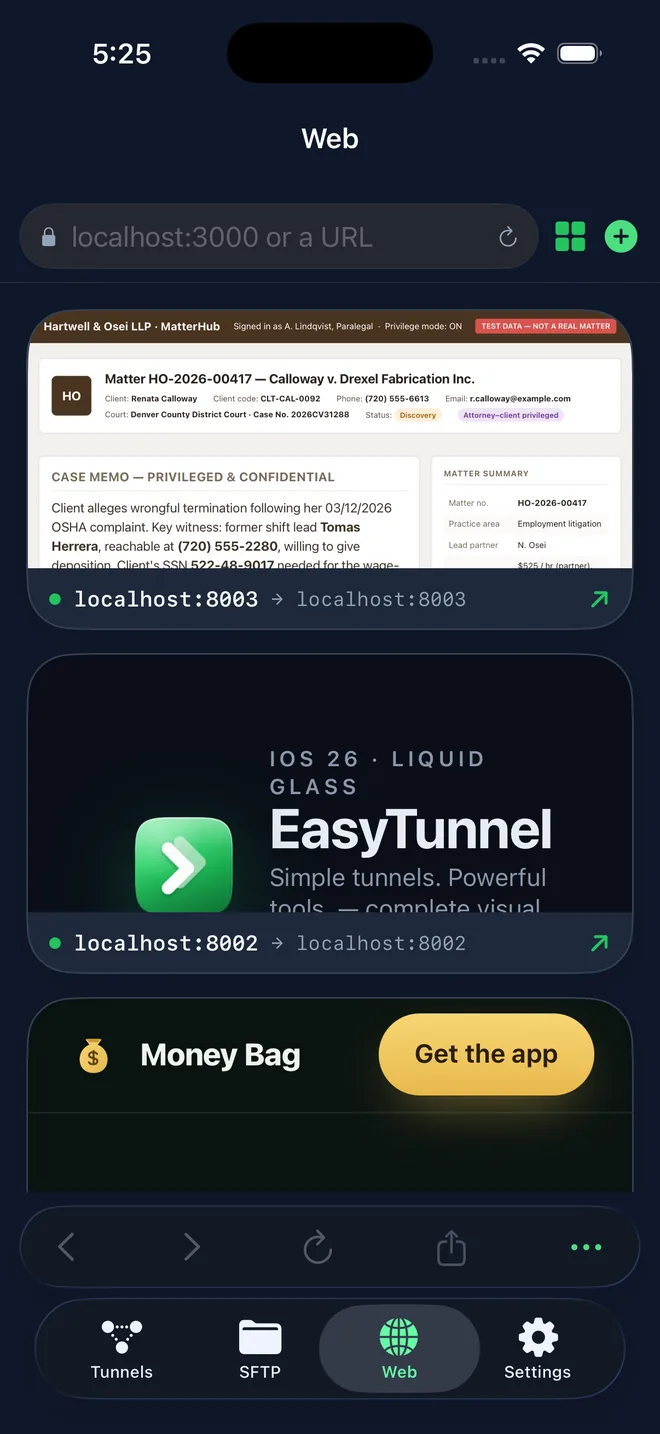 A forwarded web app open at localhost inside EasyTunnel's in-app browser on iPhone