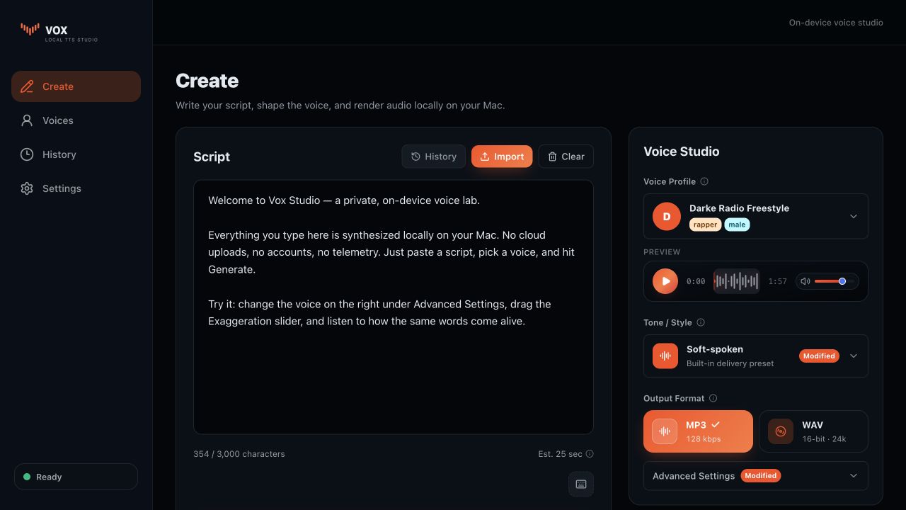 Vox Studio create screen showing script generation, voice controls, and local audio rendering